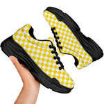 Yellow And White Checkered Pattern Print Black Chunky Shoes