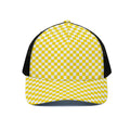 Yellow And White Checkered Pattern Print Black Mesh Trucker Hat