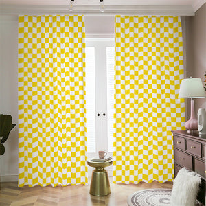 Yellow And White Checkered Pattern Print Blackout Pencil Pleat Curtains