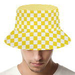 Yellow And White Checkered Pattern Print Bucket Hat