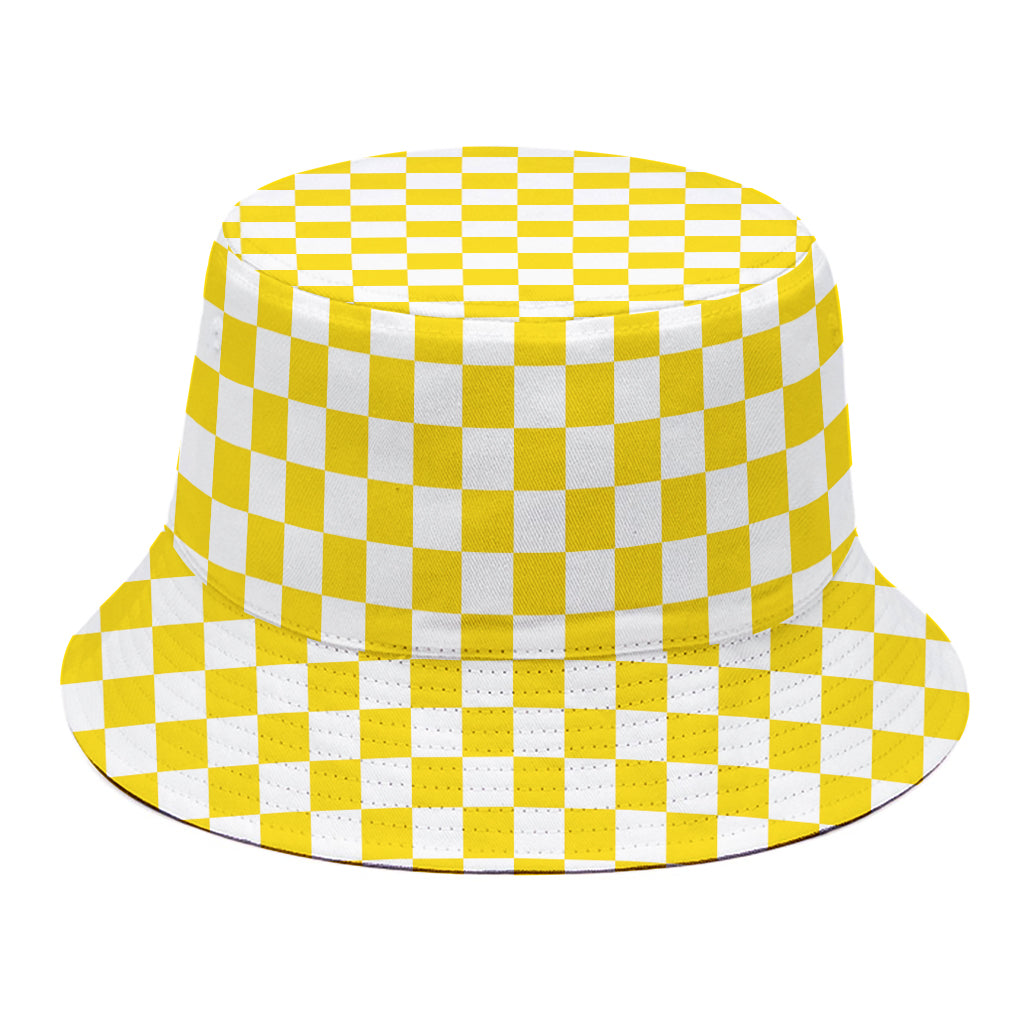 Yellow And White Checkered Pattern Print Bucket Hat