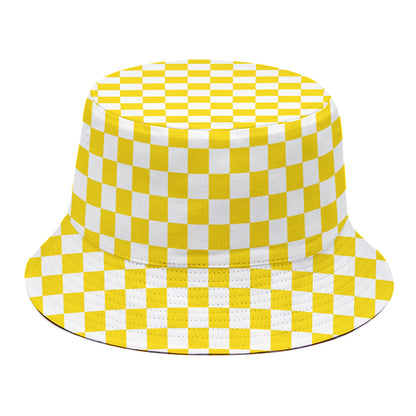Yellow And White Checkered Pattern Print Bucket Hat