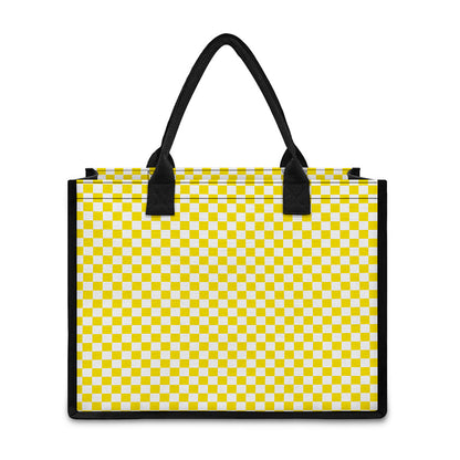 Yellow And White Checkered Pattern Print Canvas Tote Bag