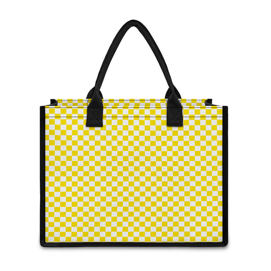 Yellow And White Checkered Pattern Print Canvas Tote Bag