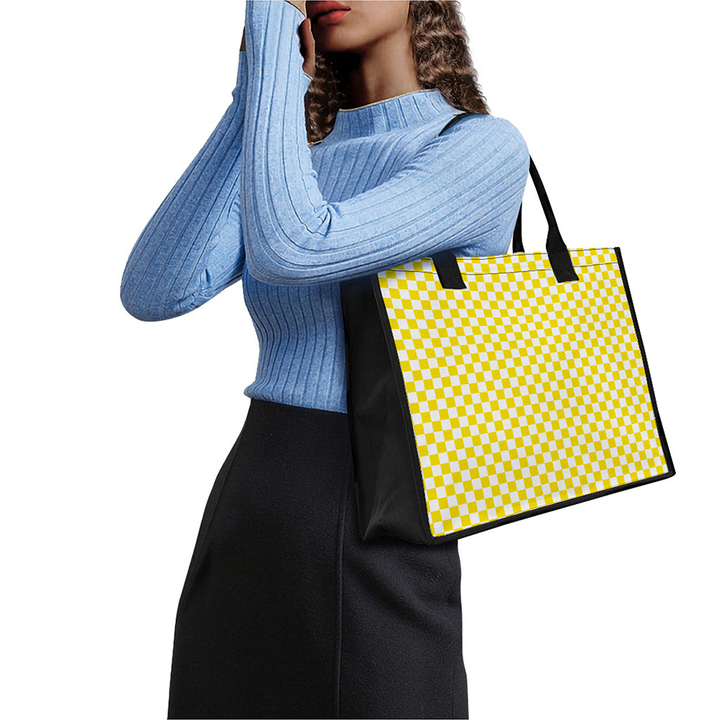 Yellow And White Checkered Pattern Print Canvas Tote Bag