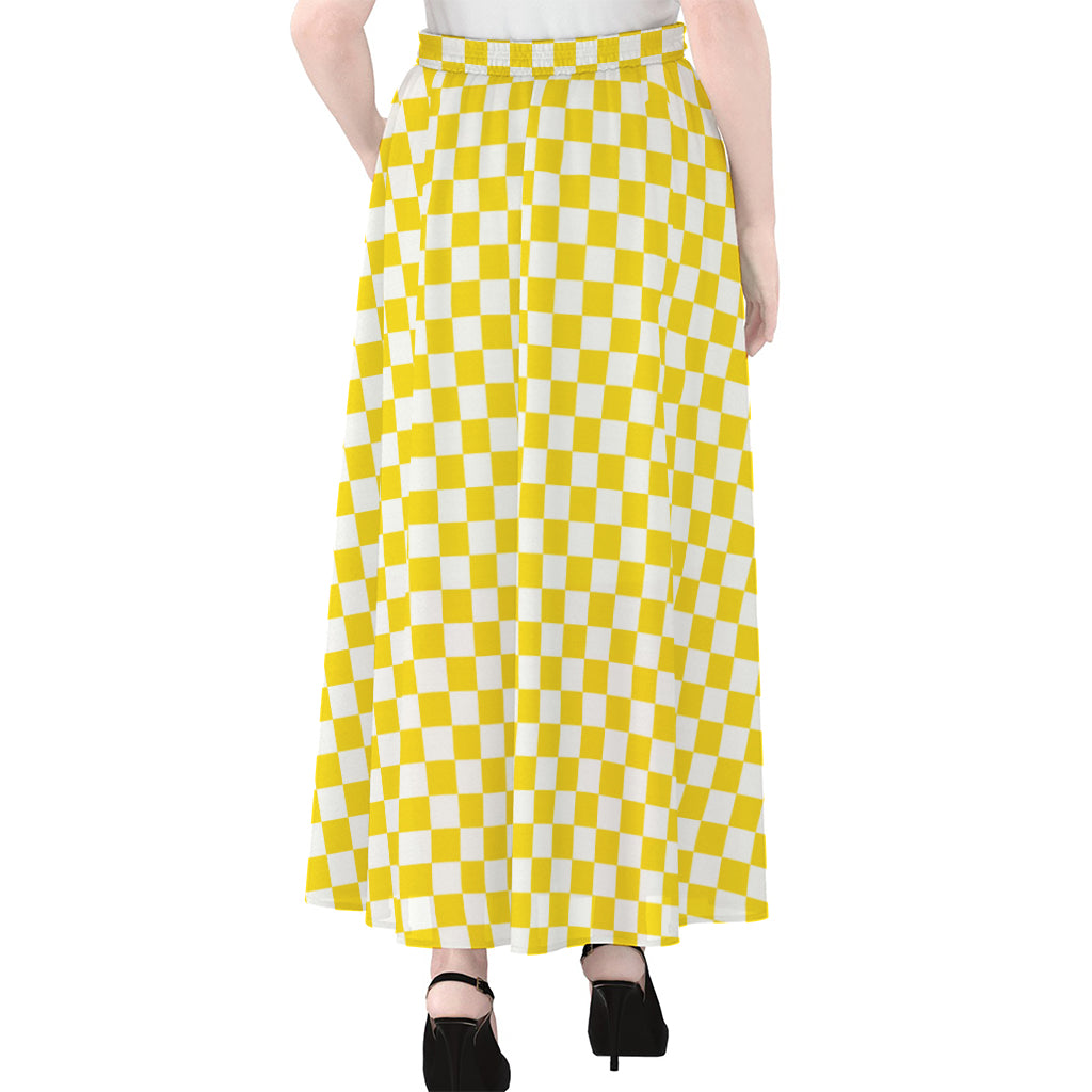 Yellow And White Checkered Pattern Print Chiffon Maxi Skirt