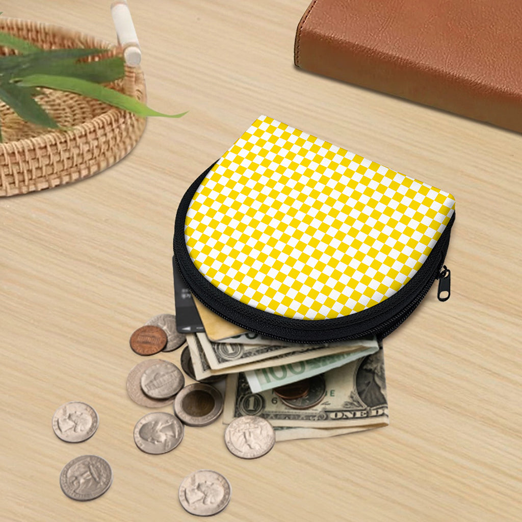 Yellow And White Checkered Pattern Print Coin Purse