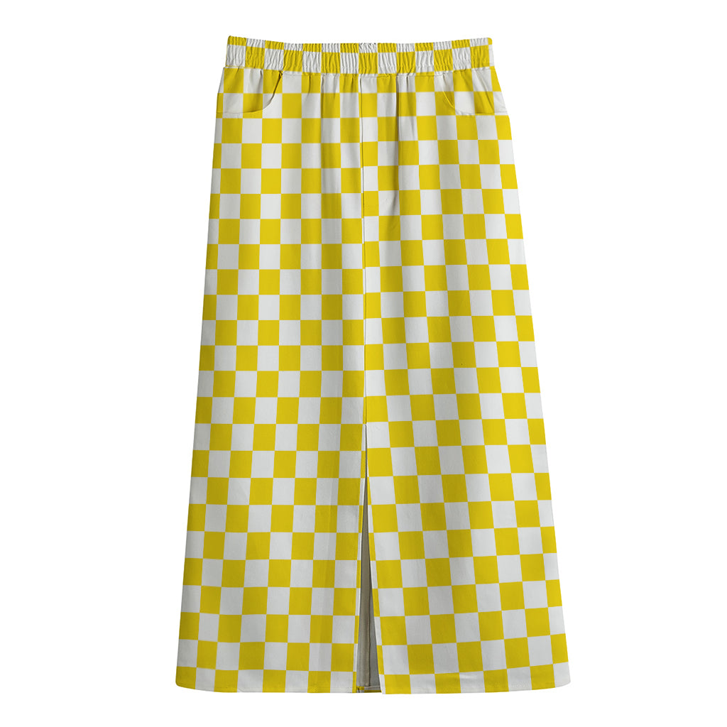 Yellow And White Checkered Pattern Print Cotton Front Slit Maxi Skirt
