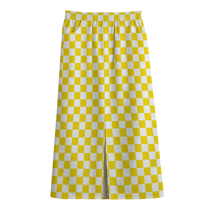 Yellow And White Checkered Pattern Print Cotton Front Slit Maxi Skirt