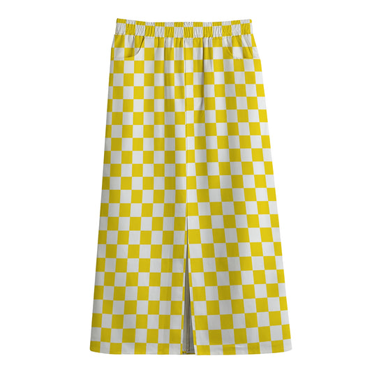 Yellow And White Checkered Pattern Print Cotton Front Slit Maxi Skirt