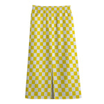 Yellow And White Checkered Pattern Print Cotton Front Slit Maxi Skirt