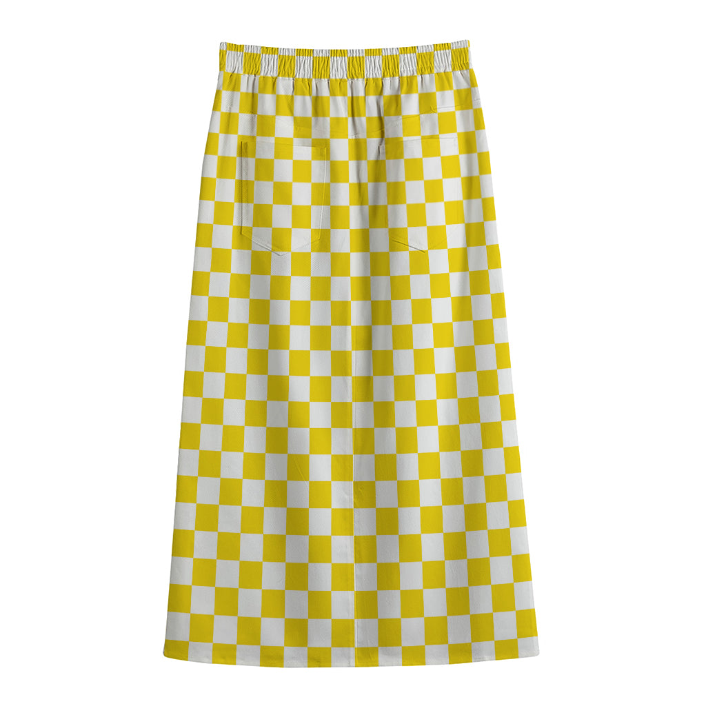 Yellow And White Checkered Pattern Print Cotton Front Slit Maxi Skirt