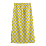Yellow And White Checkered Pattern Print Cotton Front Slit Maxi Skirt