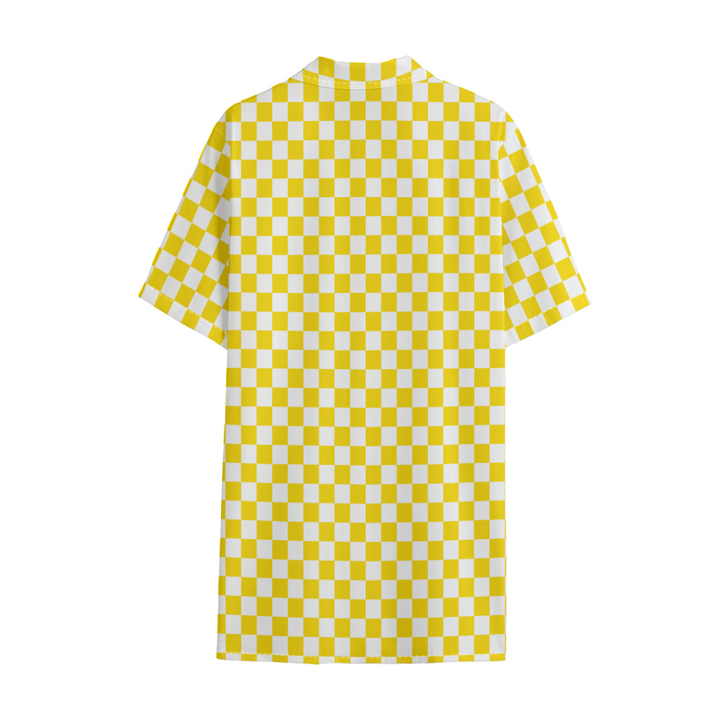 Yellow And White Checkered Pattern Print Cotton Hawaiian Shirt
