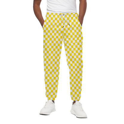 Yellow And White Checkered Pattern Print Cotton Pants