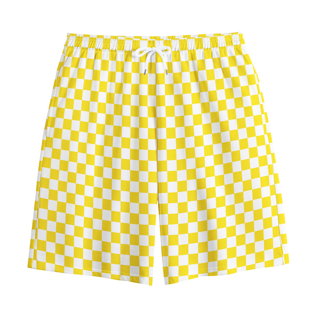 Yellow And White Checkered Pattern Print Cotton Shorts