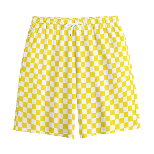 Yellow And White Checkered Pattern Print Cotton Shorts