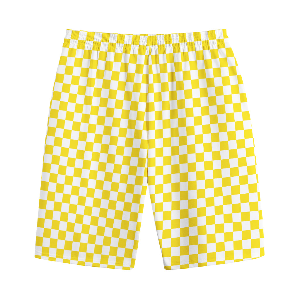 Yellow And White Checkered Pattern Print Cotton Shorts