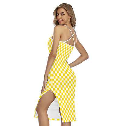 Yellow And White Checkered Pattern Print Cross Back Cami Dress