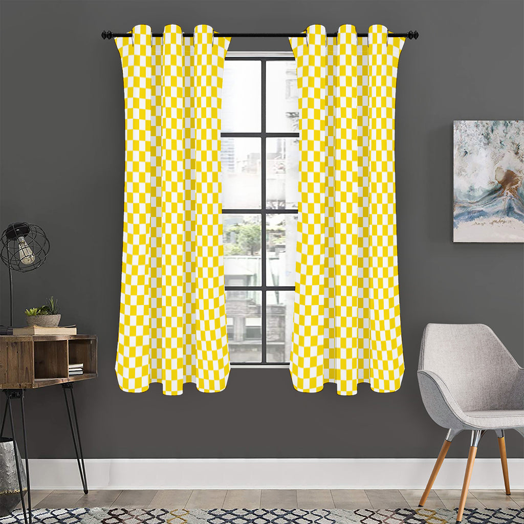 Yellow And White Checkered Pattern Print Curtain