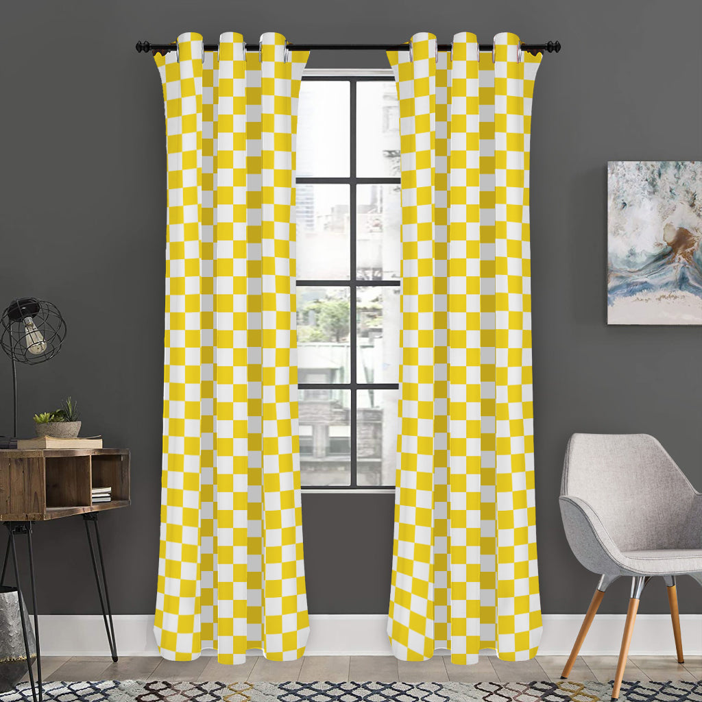 Yellow And White Checkered Pattern Print Curtain