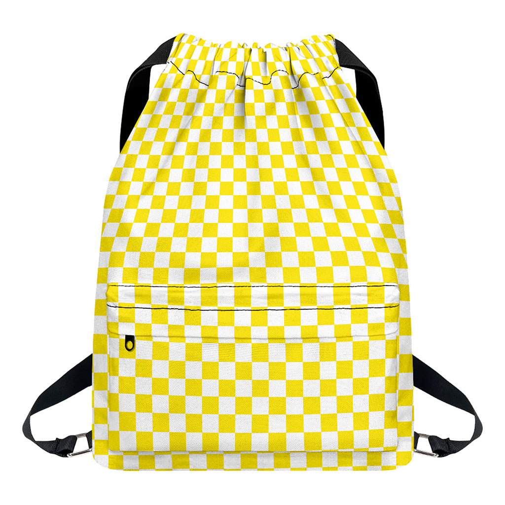 Yellow And White Checkered Pattern Print Drawstring Backpack