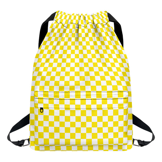 Yellow And White Checkered Pattern Print Drawstring Backpack