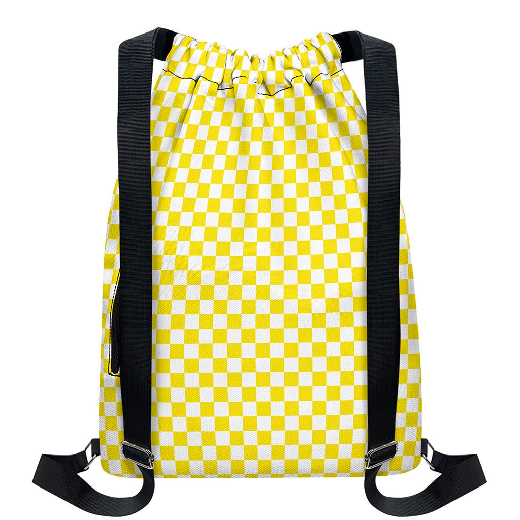 Yellow And White Checkered Pattern Print Drawstring Backpack