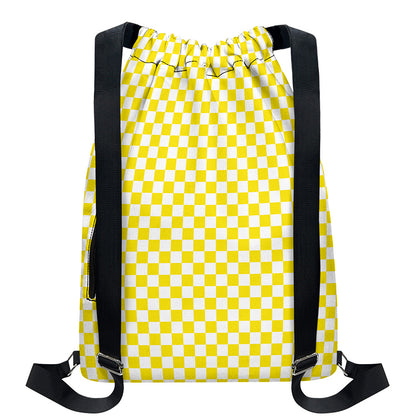 Yellow And White Checkered Pattern Print Drawstring Backpack