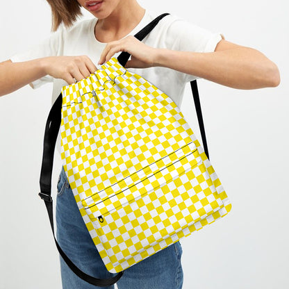 Yellow And White Checkered Pattern Print Drawstring Backpack