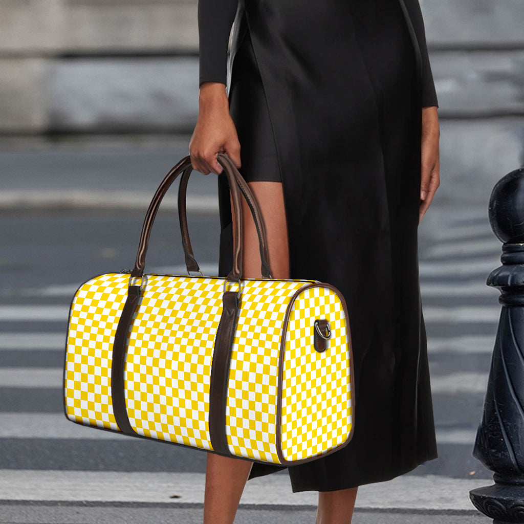 Yellow And White Checkered Pattern Print Duffle Bag