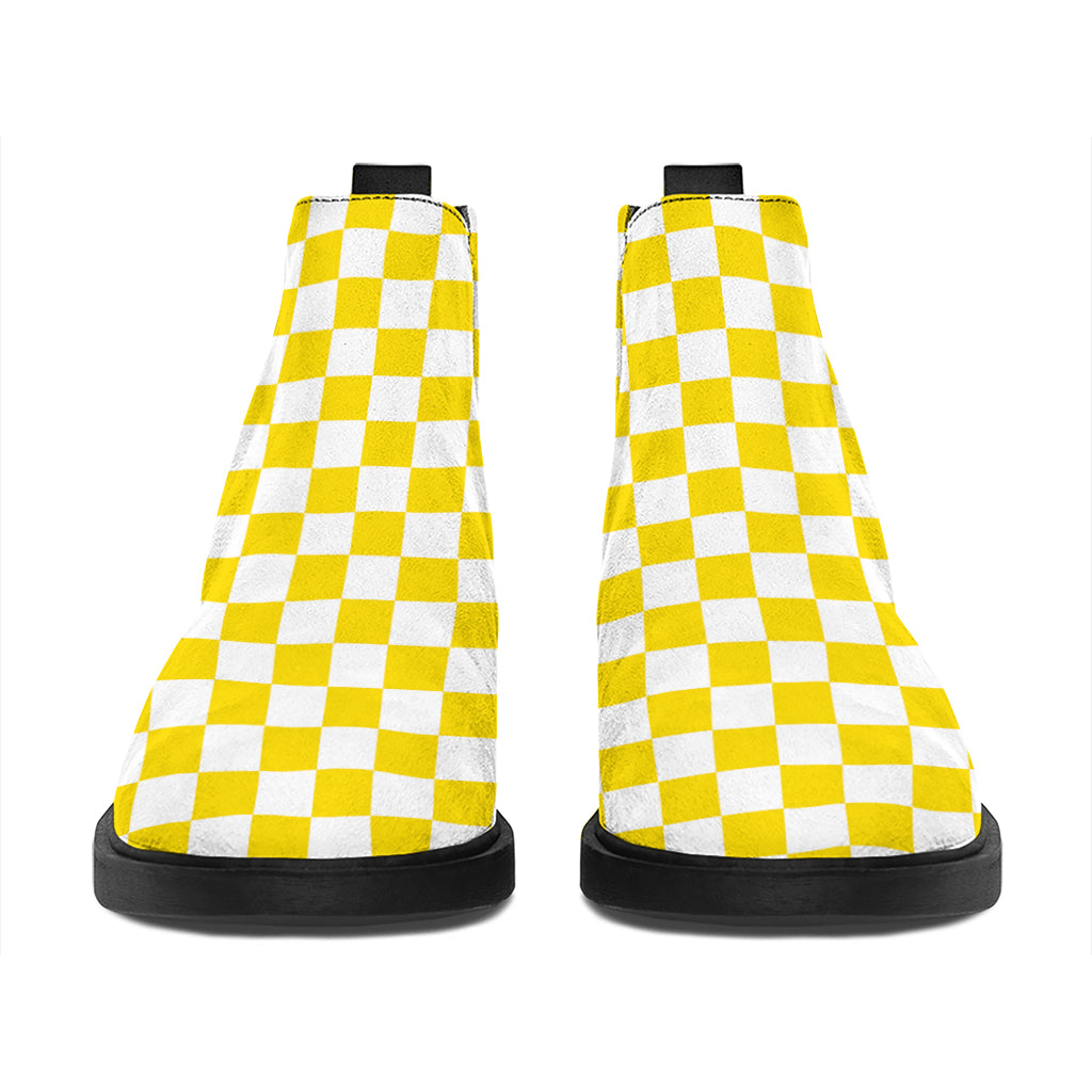 Yellow And White Checkered Pattern Print Flat Ankle Boots