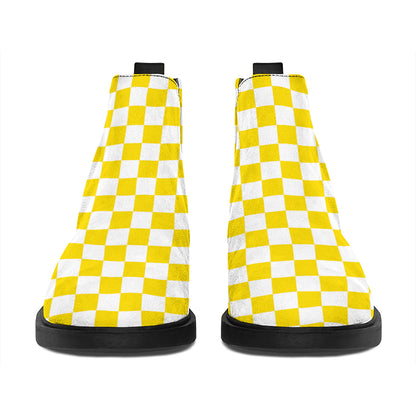 Yellow And White Checkered Pattern Print Flat Ankle Boots
