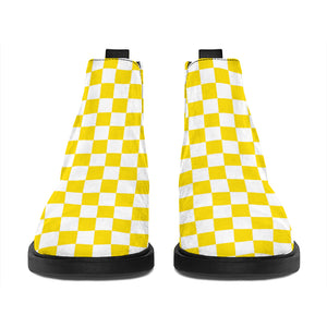 Yellow And White Checkered Pattern Print Flat Ankle Boots