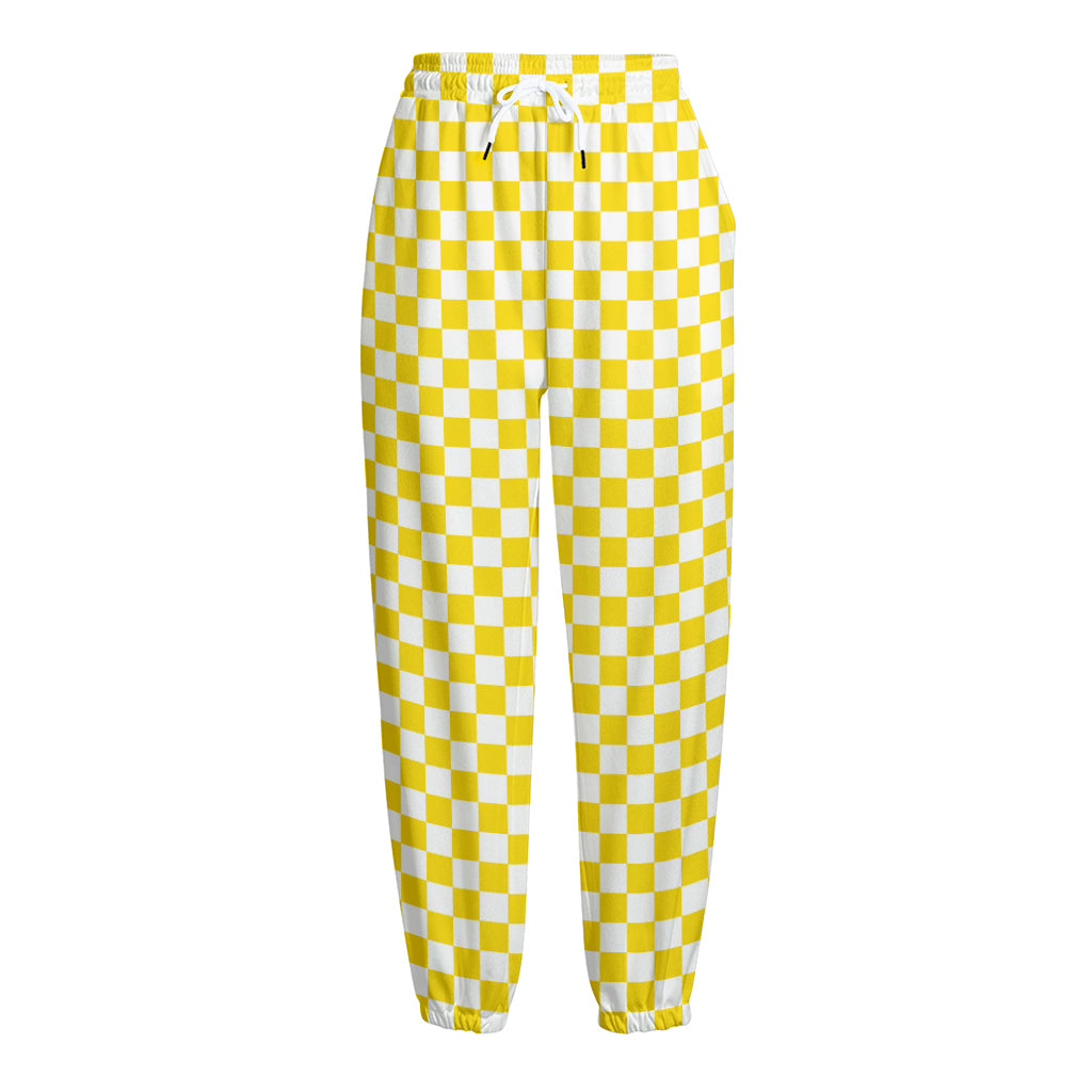 Yellow And White Checkered Pattern Print Fleece Lined Knit Pants