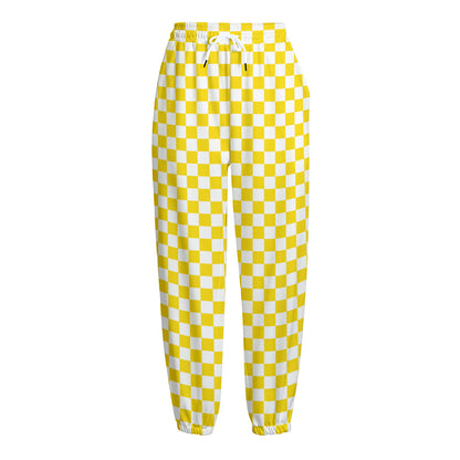 Yellow And White Checkered Pattern Print Fleece Lined Knit Pants