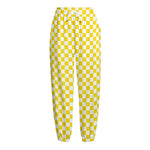 Yellow And White Checkered Pattern Print Fleece Lined Knit Pants