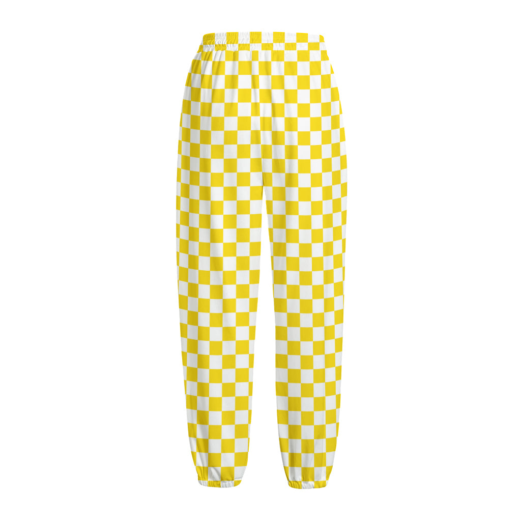 Yellow And White Checkered Pattern Print Fleece Lined Knit Pants