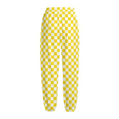 Yellow And White Checkered Pattern Print Fleece Lined Knit Pants