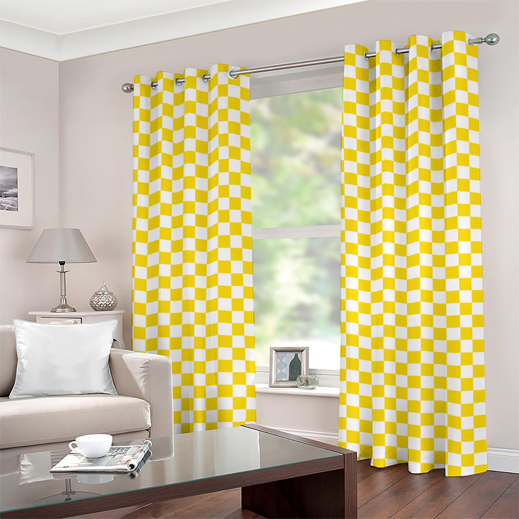 Yellow And White Checkered Pattern Print Grommet Curtains