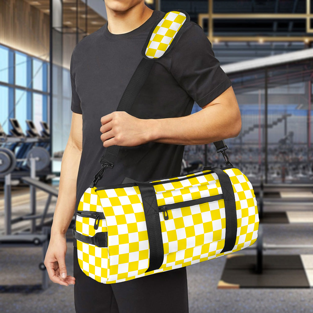 Yellow And White Checkered Pattern Print Gym Bag