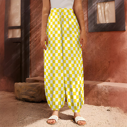 Yellow And White Checkered Pattern Print Harem Pants