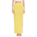 Yellow And White Checkered Pattern Print High Slit Maxi Skirt