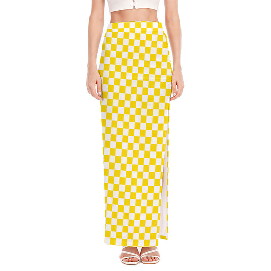 Yellow And White Checkered Pattern Print High Slit Maxi Skirt
