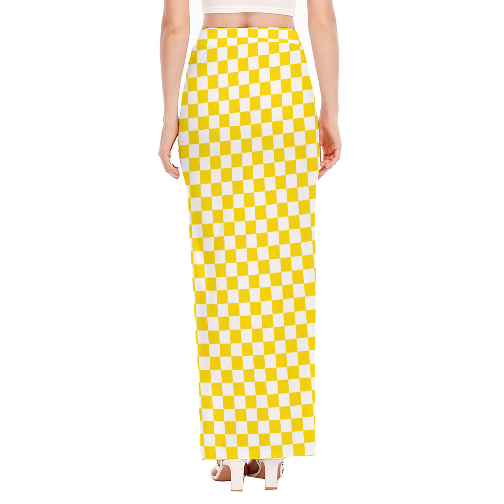 Yellow And White Checkered Pattern Print High Slit Maxi Skirt