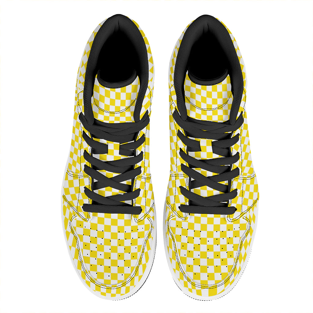Yellow And White Checkered Pattern Print High Top Leather Sneakers