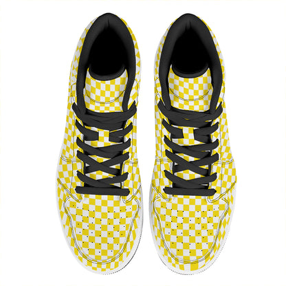 Yellow And White Checkered Pattern Print High Top Leather Sneakers