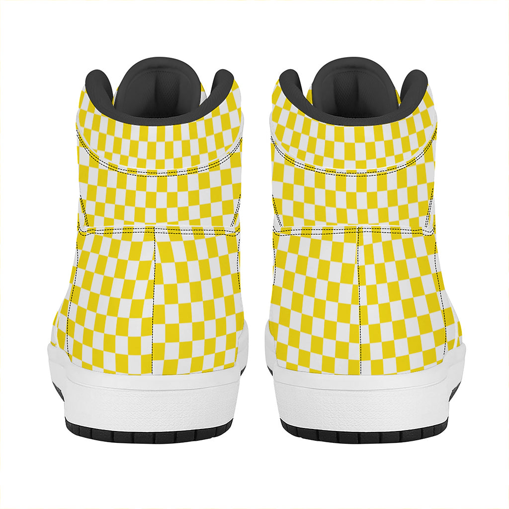 Yellow And White Checkered Pattern Print High Top Leather Sneakers