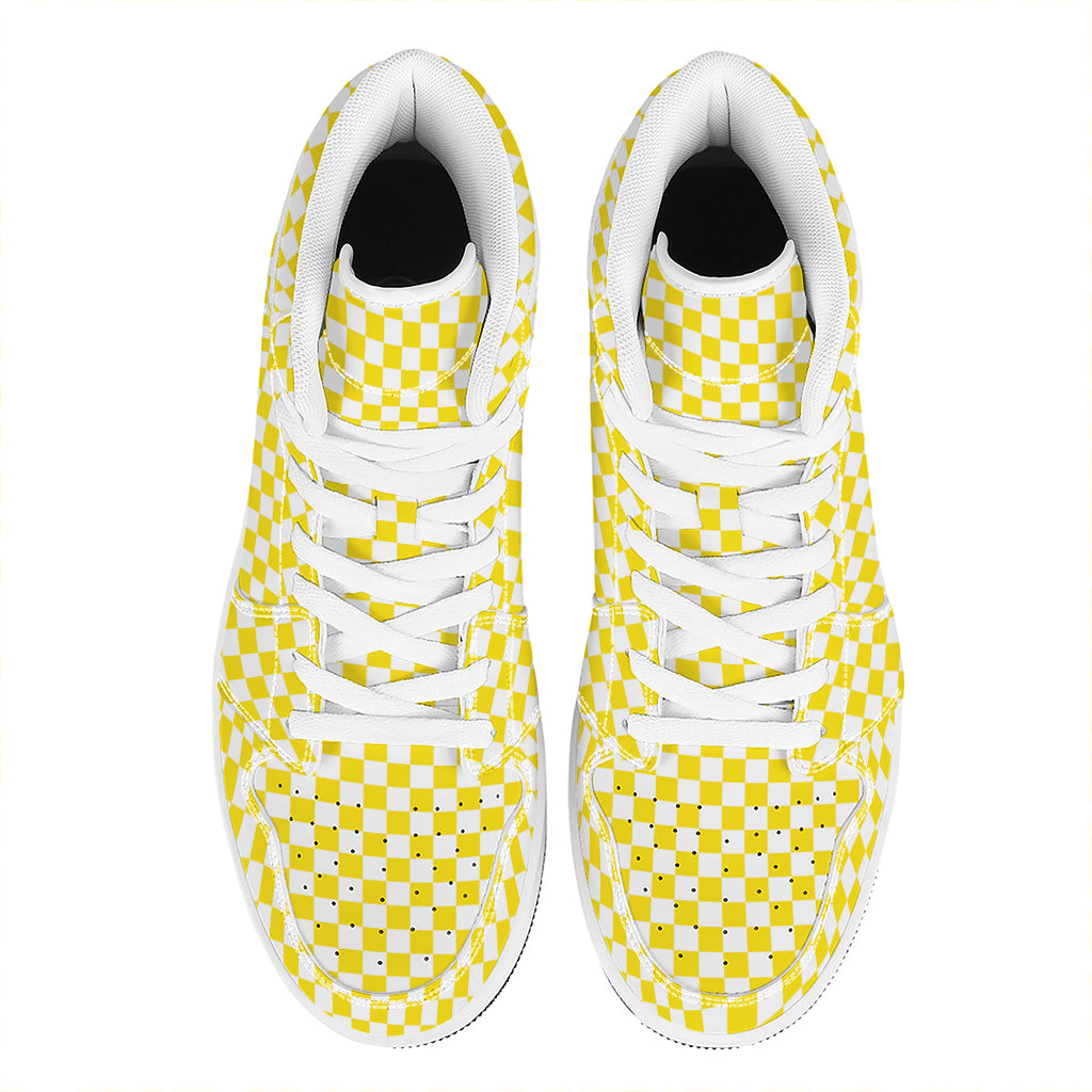 Yellow And White Checkered Pattern Print High Top Leather Sneakers