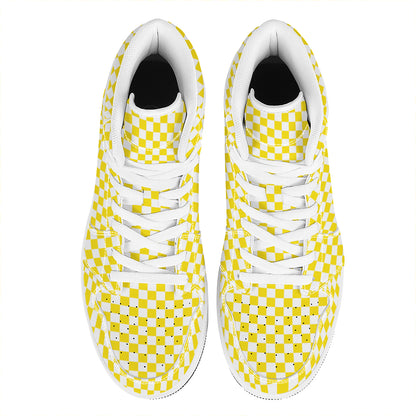 Yellow And White Checkered Pattern Print High Top Leather Sneakers